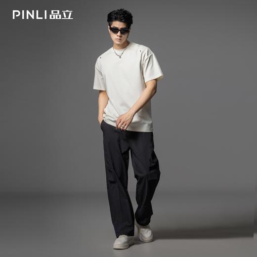 PINLI品立夏季新款潮牌褶皱工装裤男士黑色宽松直筒休闲长裤B252117076 商品图1