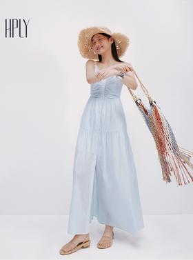 【大都会】HPLY荷比俪2025夏新款女浅蓝条纹提花清新吊带连衣裙