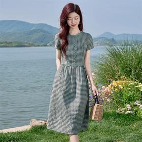 HR SYY2708蕾丝镶边秀气中长款格子连衣裙田园风休闲裙