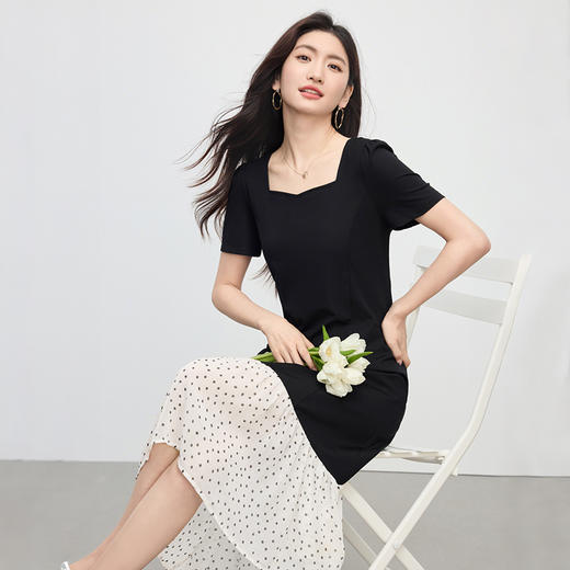 【周四狂欢价】熙世界2025年夏季新款女装法式赫本风方领撞色鱼尾拼接短袖连衣裙 商品图4