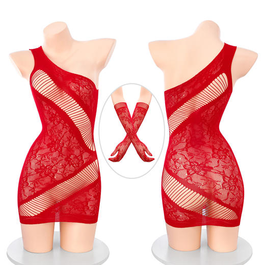 【情趣内衣】霏慕 热烈玫瑰单肩网衣裙连身袜套装7564 商品图8