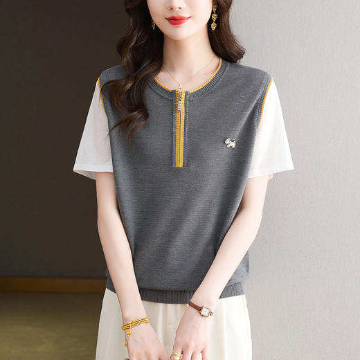薄款休闲复古撞色，宽松百搭圆领半拉T恤CC-10-6367 商品图3