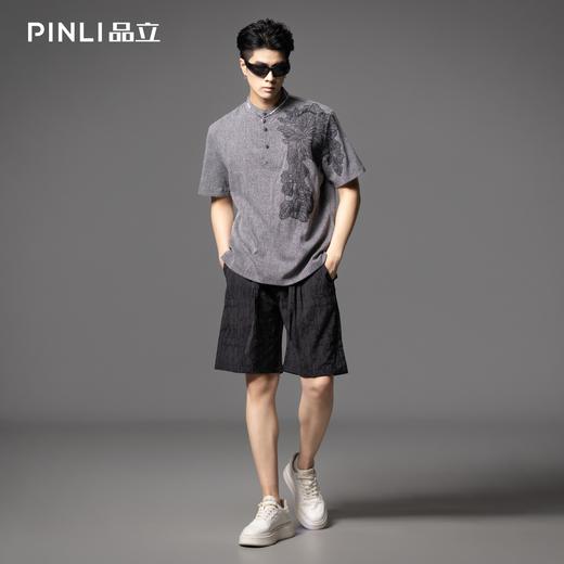 PINLI品立2025夏季新款贴布绣立领短袖T恤潮流宽松男士休闲上衣服BG252111097 商品图1