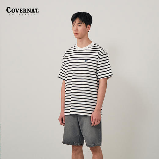 covernat韩国潮牌短袖T恤男女情侣款撞色细条纹圆领纯棉上衣CO2302ST20 商品图1
