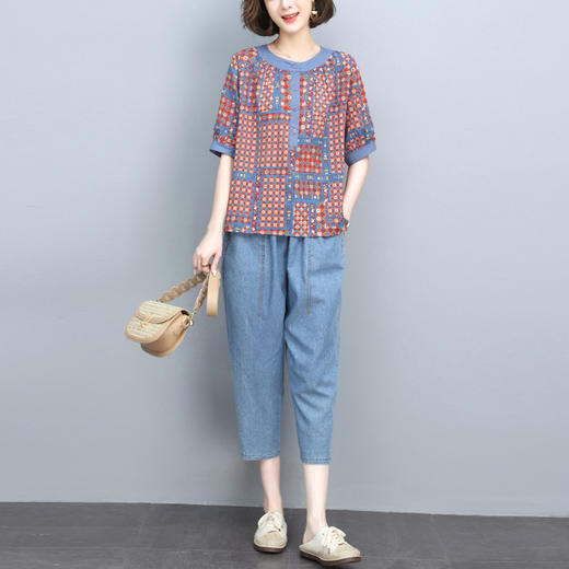 丁摩 休闲风短袖套装女夏季新款大码休闲时尚套装两件套5ZF-8839 商品图0