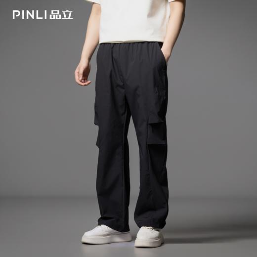 PINLI品立夏季新款潮牌褶皱工装裤男士黑色宽松直筒休闲长裤B252117076 商品图0