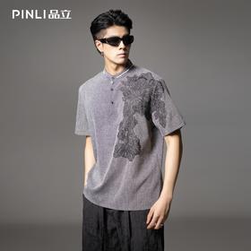 PINLI品立2025夏季新款贴布绣立领短袖T恤潮流宽松男士休闲上衣服BG252111097