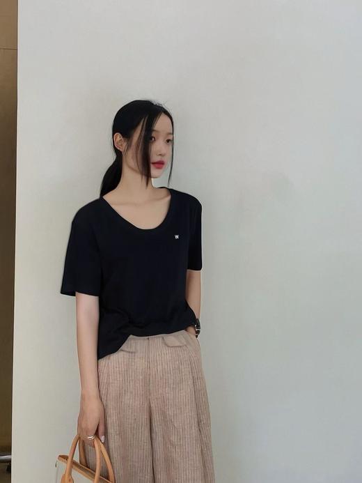 清仓价2025~W刺绣230137小标U 领黑色短袖T恤-喜出 商品图1