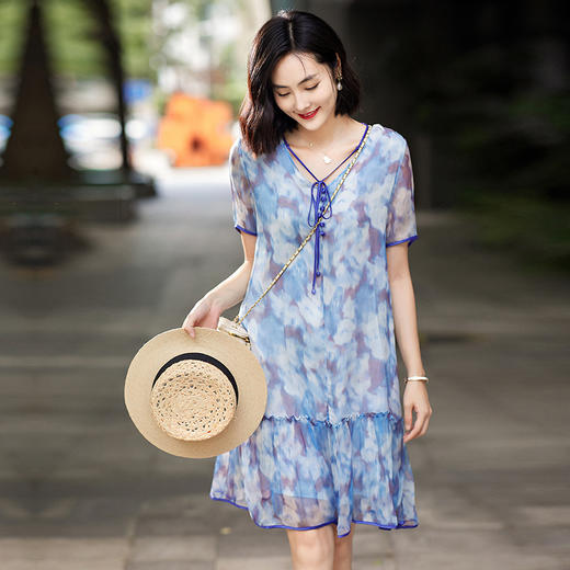 丁摩 顺纡真丝晕染迷彩印花真丝连衣裙90392 商品图1