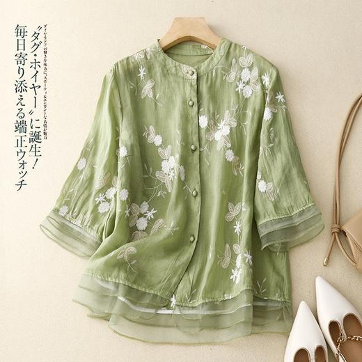 GYH 6577刺绣上衣七分袖棉麻蕾丝拼接小衫 商品图1
