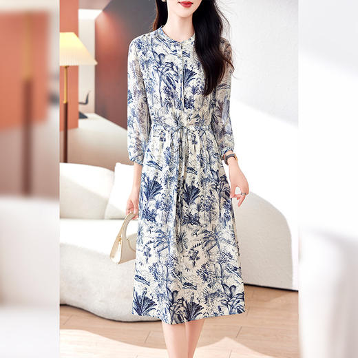 丁摩 19姆米重磅真丝双乔缎水墨青花瓷桑蚕丝印花连衣裙0178 商品图3