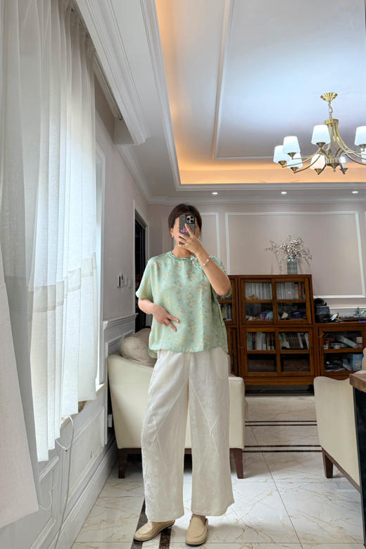 624-6新中式 真丝宋锦 绿色和风短袖圆领上衣 舒爽凉快 光泽华丽 H5518 我穿L宽松合适 商品图9