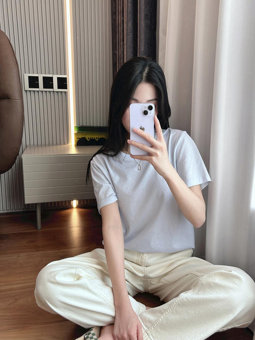 官网590！F家轻薄透气慵懒亚麻棉混纺短袖女 简约宽松显瘦圆领T恤居家打底上衣 商品图7