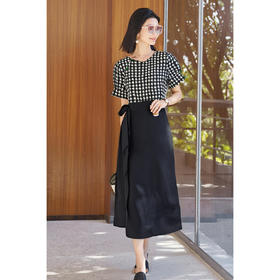 剩M/L/XL 【含桑蚕丝】中式风盘口千鸟格衬衫气质开叉半裙两件套女夏装3913