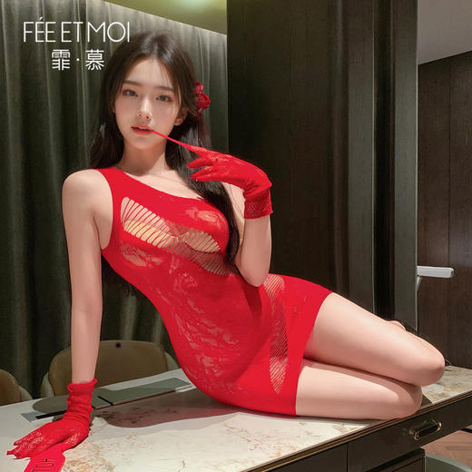 【情趣内衣】霏慕 热烈玫瑰单肩网衣裙连身袜套装7564 商品图6