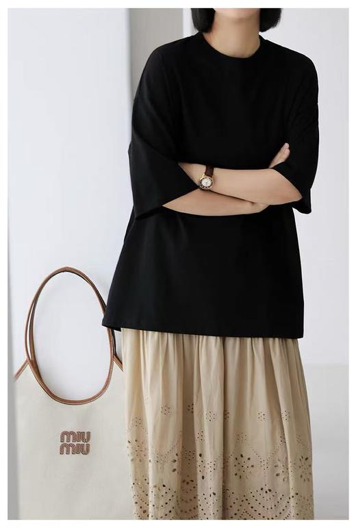 清仓价2025~（高克重-纯黑）100%棉落肩袖大版短袖T恤-喜出 商品图3