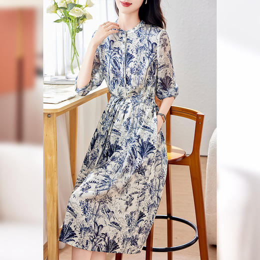 丁摩 19姆米重磅真丝双乔缎水墨青花瓷桑蚕丝印花连衣裙0178 商品图1