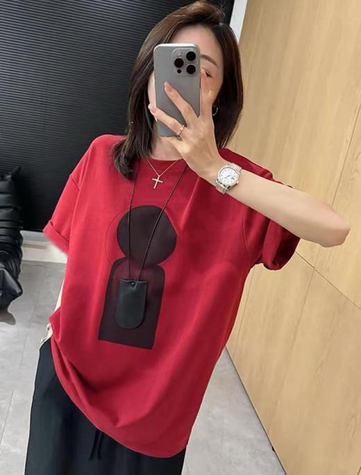 清仓价2025~欧货酒红立体几何宽松大版T恤-喜出 商品图0