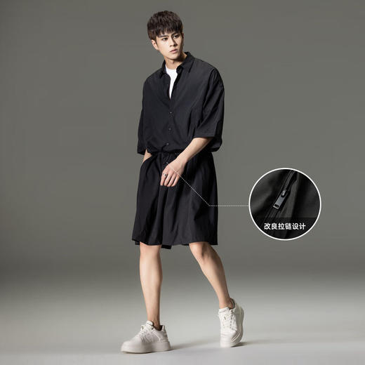 PINLI品立2025夏季新款暗黑系潮流男士宽松连体短裤纯色休闲套装B252117091 商品图7