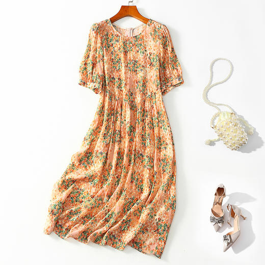 丁摩 繁花似锦雅致圆领印花收腰真丝双绉连衣裙74131 商品图4