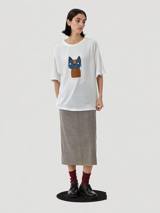 七夕福利-NO退~欧货品质-白色 猫咪卡通中长大版宽松短袖T恤-喜出 商品图1