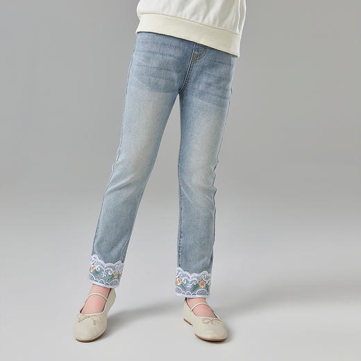 笛莎Deesha 童装女童裤子2025春新款国风刺绣花边牛仔裤 商品图1