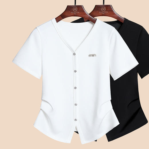 丁摩 白色女装夏季新款设计感V领不规则弧形下摆短袖t恤女半袖5ZF-R6683 商品图10