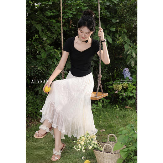 鹿向南「灵动月光」杏色半身裙女夏季新款独特百褶裙长款纱裙半裙 商品图2