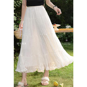 鹿向南「灵动月光」杏色半身裙女夏季新款独特百褶裙长款纱裙半裙