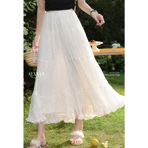 鹿向南「灵动月光」杏色半身裙女夏季新款独特百褶裙长款纱裙半裙 商品图0