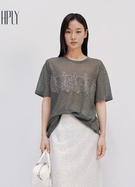 【大都会】HPLY荷比俪25夏新款女圆领珠片优雅气质舒适休闲T恤