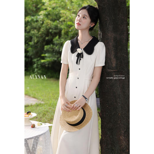 【65折秒杀】鹿向南「林间山茶」杏色法式娃娃领短袖连衣裙女夏季收腰显瘦长裙 商品图0