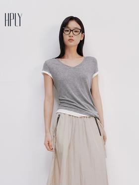 【大都会】轻氧系列 HPLY荷比俪2025夏新款女含绵v领假两件不规则下摆t恤