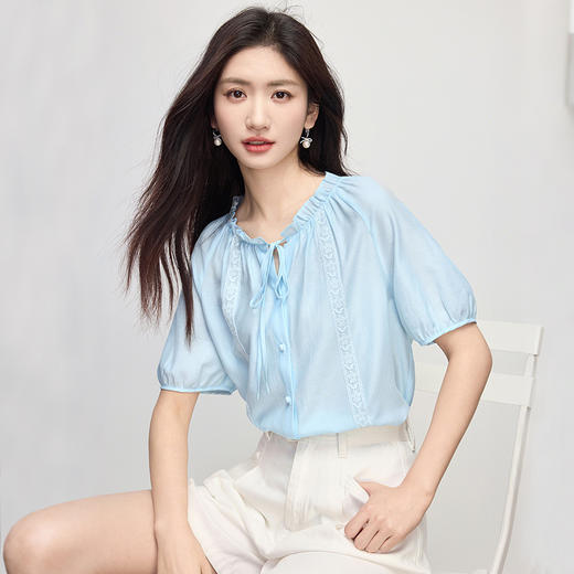 【周末秒杀】熙世界三醋酸衬衫短袖女夏季2025新款法式花边上衣高级感蓝色小衫 商品图4