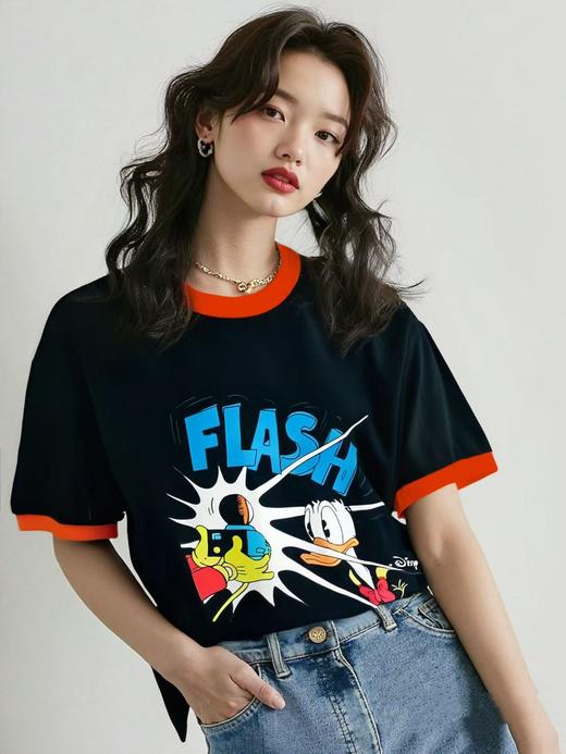 7.31秒杀~黑色撞色领卡通潮牌迪士尼鸭短袖T恤M1-1-喜出 商品图0