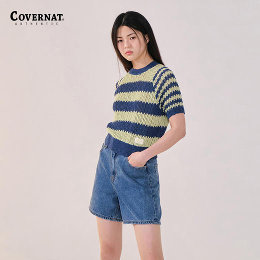 covernat韩国潮牌时尚潮酷短袖女士条纹中款针织衫2024春夏新品CO2402KT73 商品图1