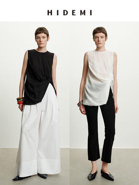 HIDEMI度假系列褶皱花苞堆叠感圆领前后两穿式背心上衣 黑色/白色