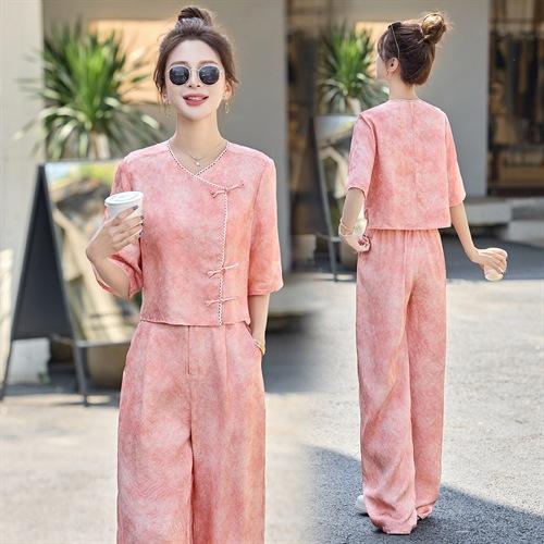 巨好看的年轻洋气套装女2025夏季新款民国风中式盘扣超火两件套裤HR-YQH9235 商品图2