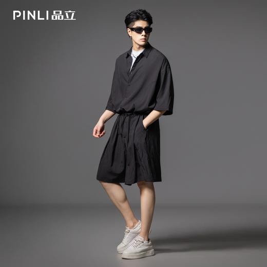 PINLI品立2025夏季新款暗黑系潮流男士宽松连体短裤纯色休闲套装B252117091 商品图2