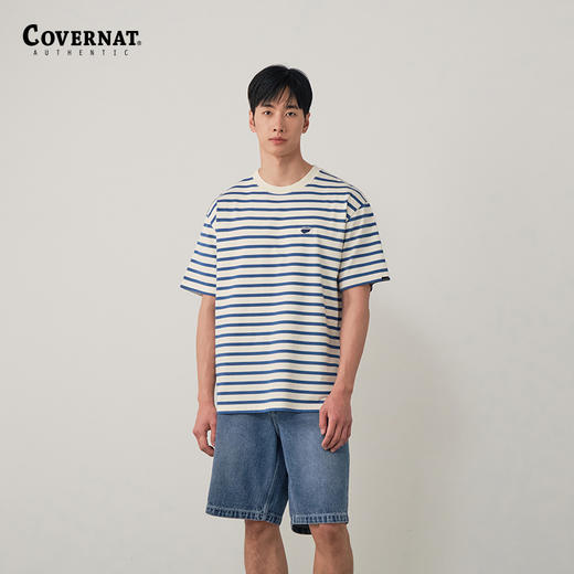 covernat韩国潮牌短袖T恤男女情侣款撞色细条纹圆领纯棉上衣CO2302ST20 商品图0