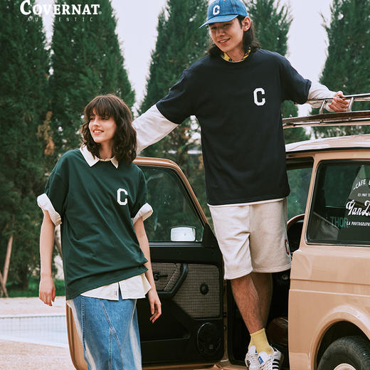 covernat韩国潮牌短袖T恤男女情侣同款经典C字母标潮流休闲上衣夏 商品图3