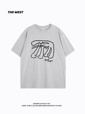 清仓价2025~情侣潮牌100%棉复古线条猫印花短袖T恤-喜出