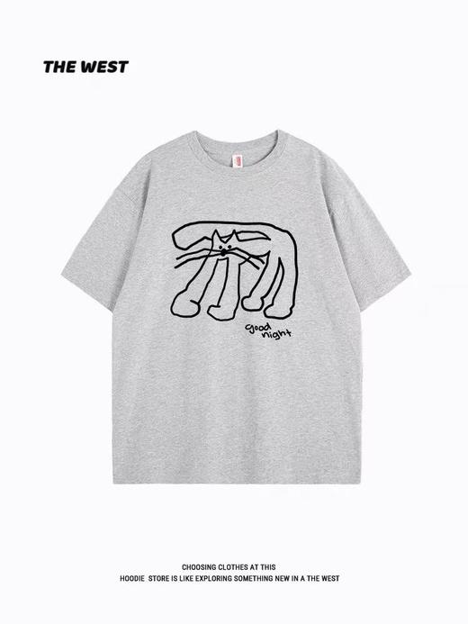 清仓价2025~情侣潮牌100%棉复古线条猫印花短袖T恤-喜出 商品图0