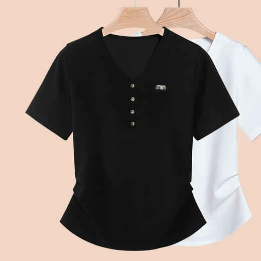 丁摩 白色女装夏季新款设计感V领不规则弧形下摆短袖t恤女半袖5ZF-R6683 商品图1