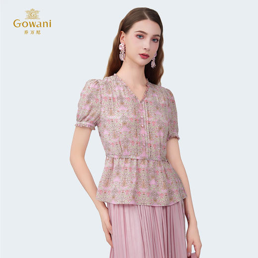 乔万尼2025夏季新品100%真丝V领木耳边收腰显瘦碎花上衣ED2C529 商品图1