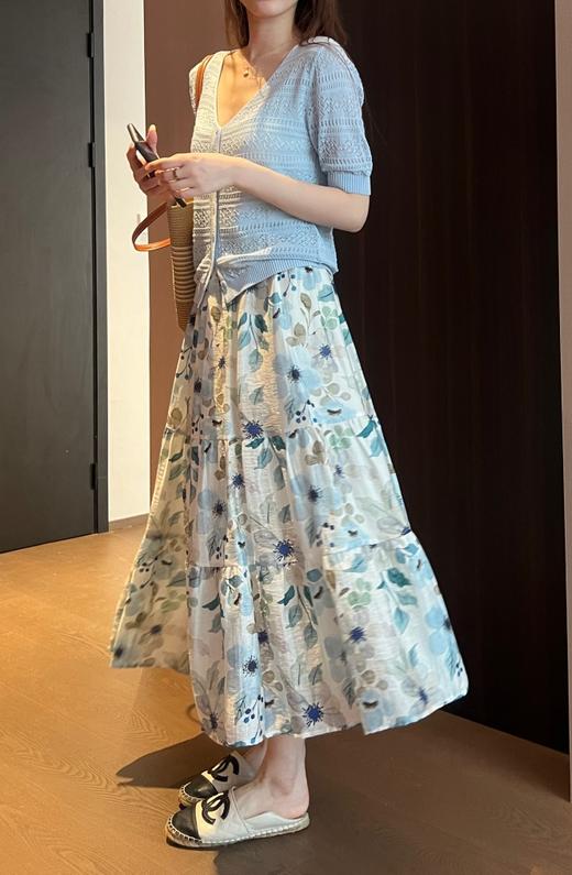 柔美清新2.5米用料天丝亚麻清新清爽印花松紧高腰半身裙 商品图3