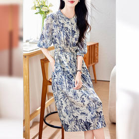 丁摩 19姆米重磅真丝双乔缎水墨青花瓷桑蚕丝印花连衣裙0178