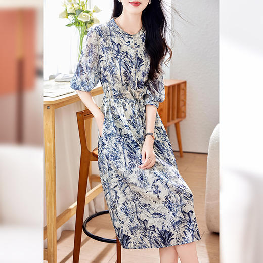 丁摩 19姆米重磅真丝双乔缎水墨青花瓷桑蚕丝印花连衣裙0178 商品图0