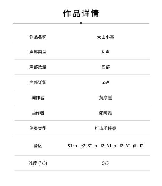 大山小事（张阿雅 曲）女声四部合唱和打击乐 正版合唱乐谱「本作品已支持自助发谱 首次下单请注册会员 详询客服」 商品图1