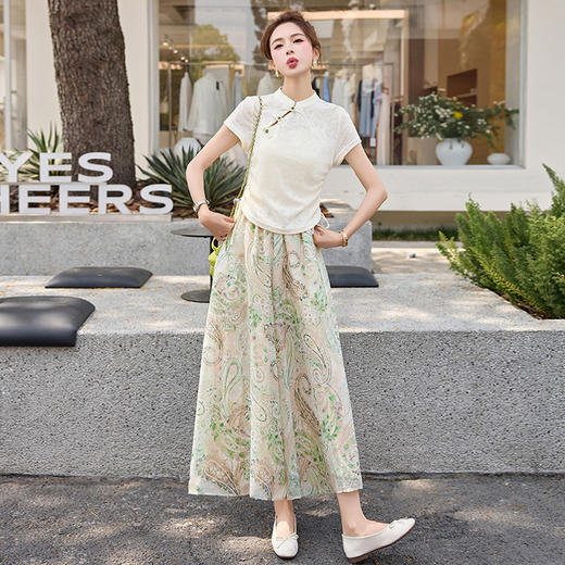 新中式国风套装，复古印花改良旗袍修身上衣裤裙两件套HR-GJC2571 商品图2